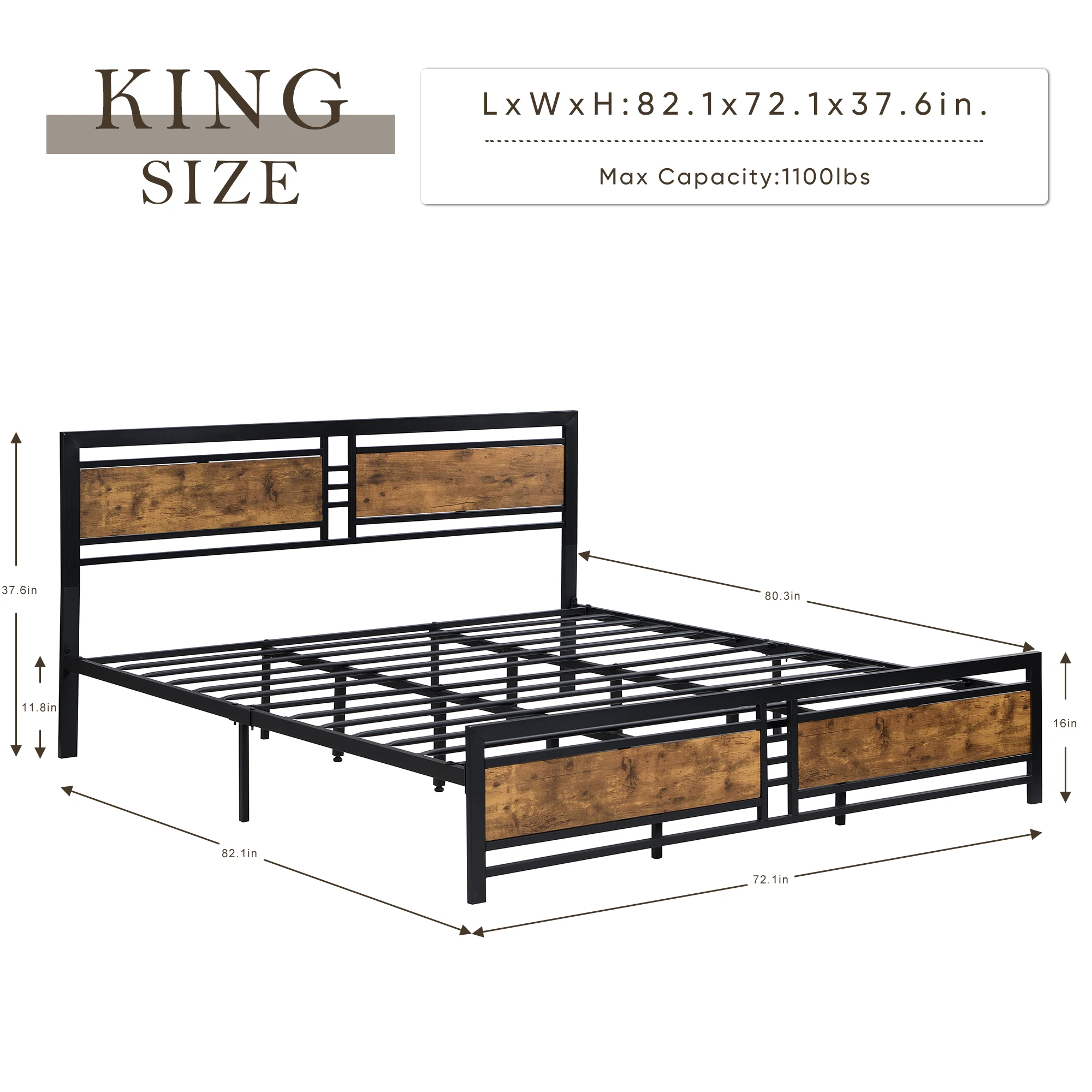 King/Queen/Full Metal Platform Bed Frame with Wood Headboard&Footboard Heavy Duty Mattress Foundation Slat Support Noise-Free