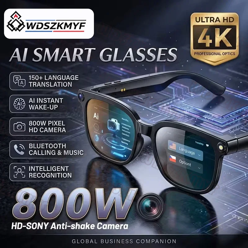 4k-800w-スマートグラス（男女兼用）。aiによる高度な翻訳機能、wi-fiによるデータ転送、写真・動画撮影機能、bluetooth対応。