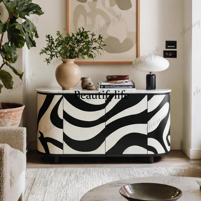 Italian light luxury marble porch cabinet, living room decorative locker, wave pattern dining side cabinet
