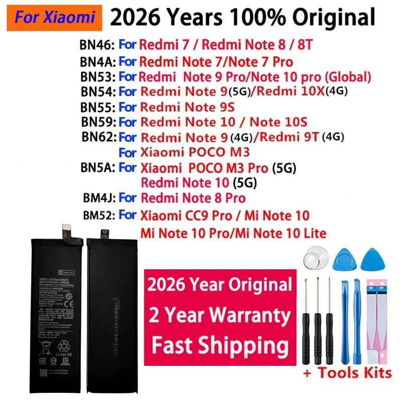 Original BM52 BM4J BN53 BN55 BN59 BN62 Battery For Xiaomi Redmi Mi Note 7 8 8T 9 9T 9S 10 10X 10S POCO M3 CC9 pro Lite Batteries