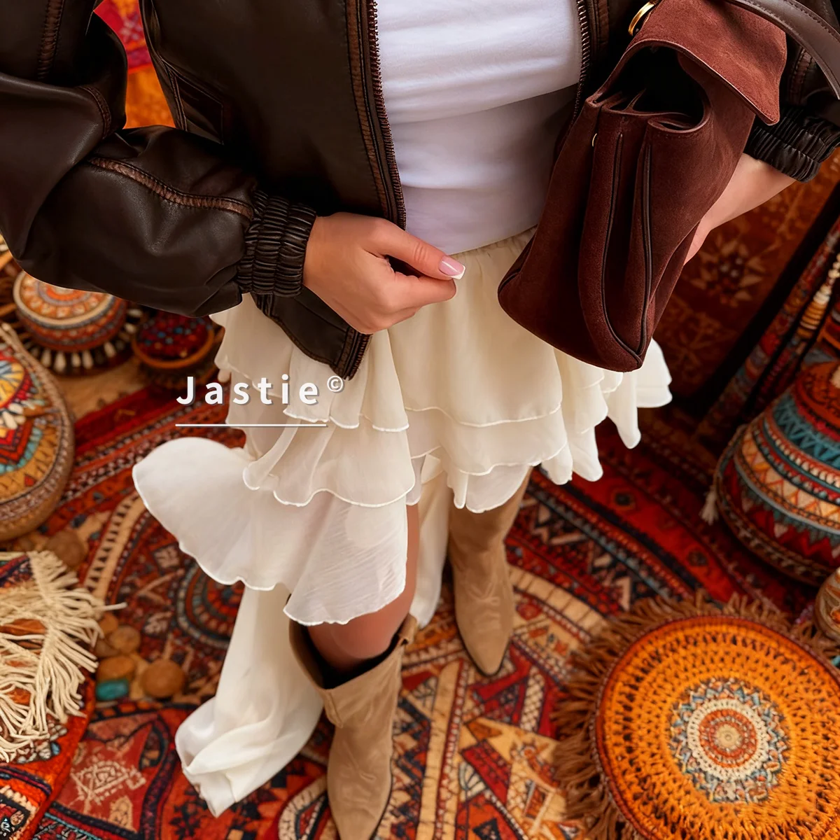 بوهو عادية المشمش التنانير فضفاضة للنساء موضة عالية الخصر مطوي التنانير أنيقة رقيقة الطابق طول تنورة الإناث الشاطئ Jupe #5