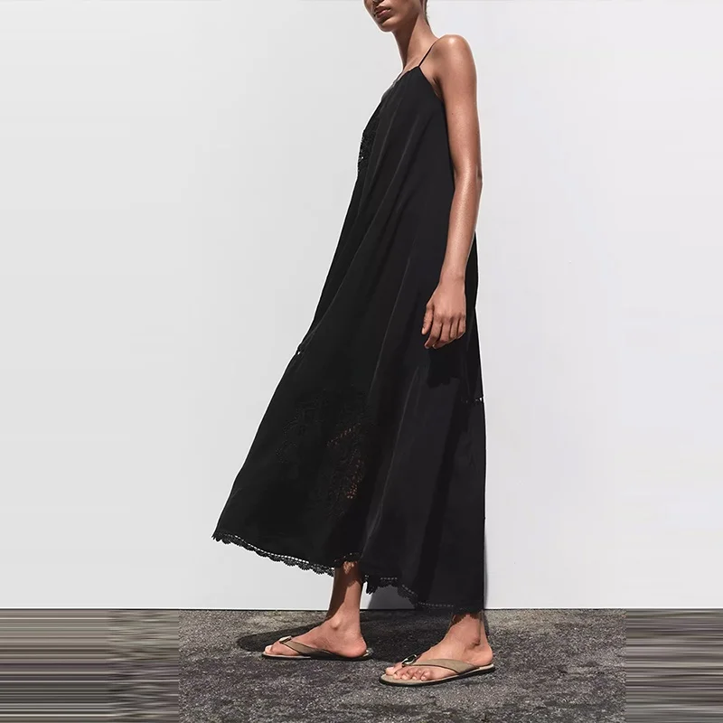 

Ele Summer New Arrival Women's Loose Midi Dr Embroidered Strapl Gown Polyester Fiber No Sve Long Skirt