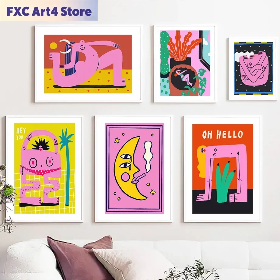 Frameless Cartoon Cat Mood Pisces Aries Poster Print Abstratc Body Moon Lady Wall Art Canvas Painting Nordic Pictures Living Roo