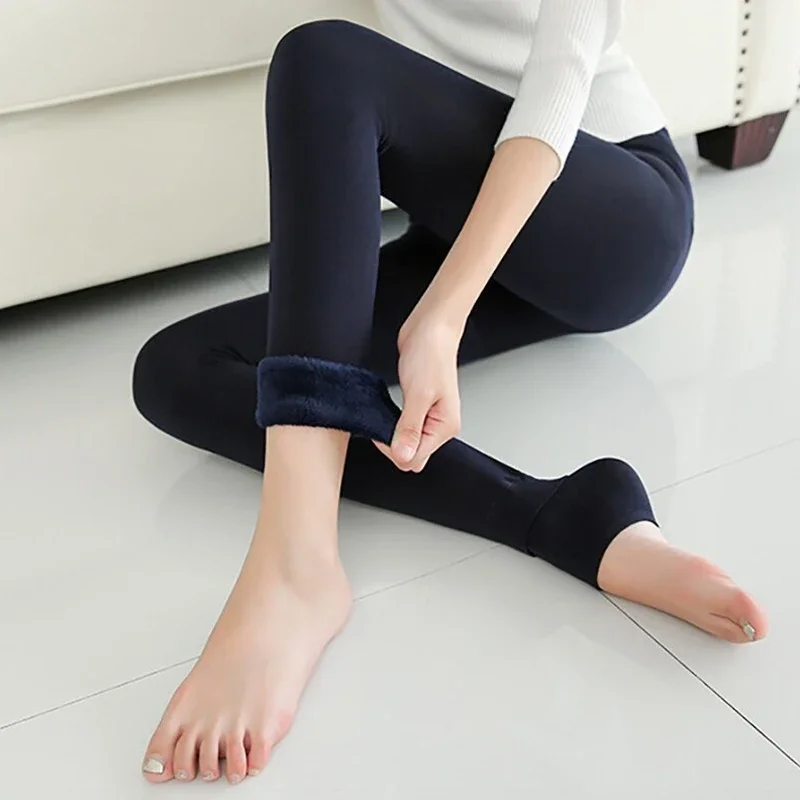 1pc Winter Warm Plush High Rise Leggings for Women Girls Solid Thicken Thermal Comfortable Elastic Pants Female Black Skin Color