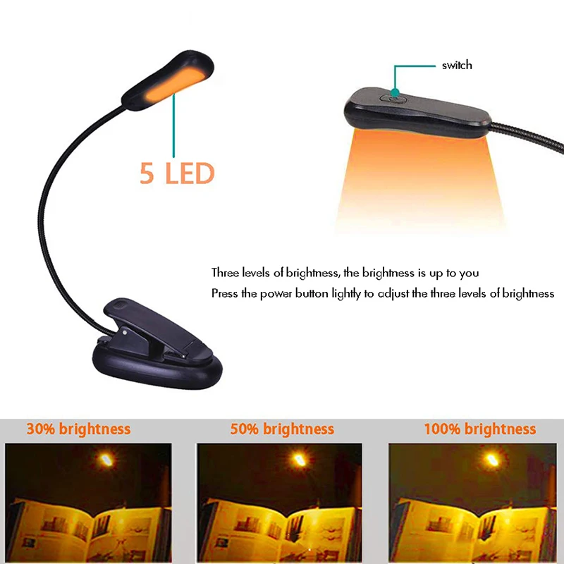 القابلة لإعادة الشحن العنبر 5 LED ضوء الكتاب ، الموسيقى الوقوف الخفيفة ، من السهل كليب على الضوء الأزرق حجب ضوء القراءة ، 3 مستويات السطوع