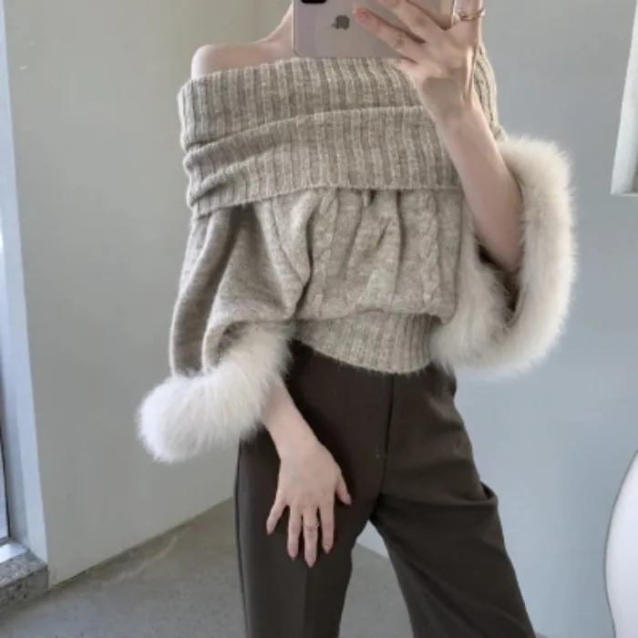 

Женский вязаный свитер, осенне-зимний корейский свитер на одно плечо, летучая мышь Све, вязаный топ с меховой отделкой Аосфера