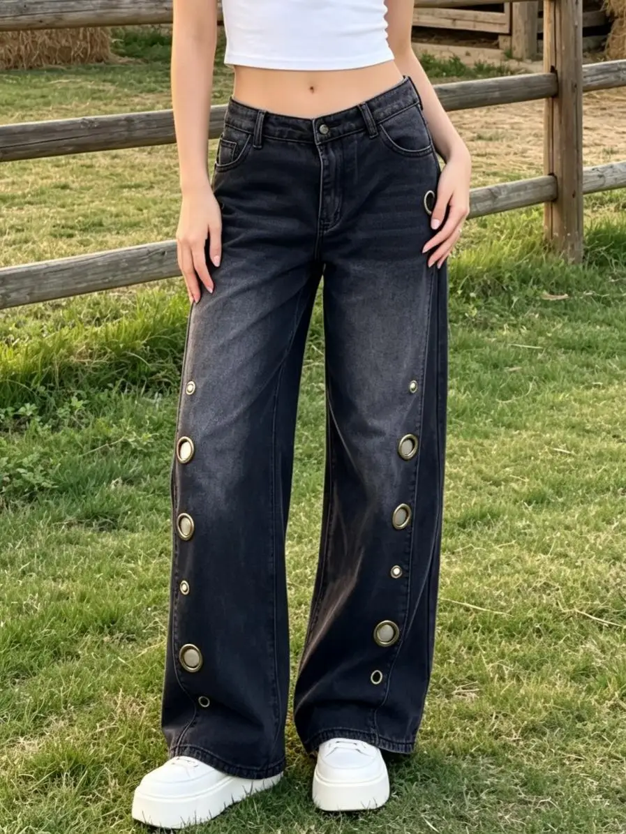 【HME】Jeans | Women Vertical Metal Eyelet Decor Denim Pants, Mid-High Waist Wide Straight Denim Jeans, Scattered Bronze Grommet Design, Two-Tone Vintage Distressed Wash, Draped Leg Slimming, American Workwear Style, Versatile Casual Pants