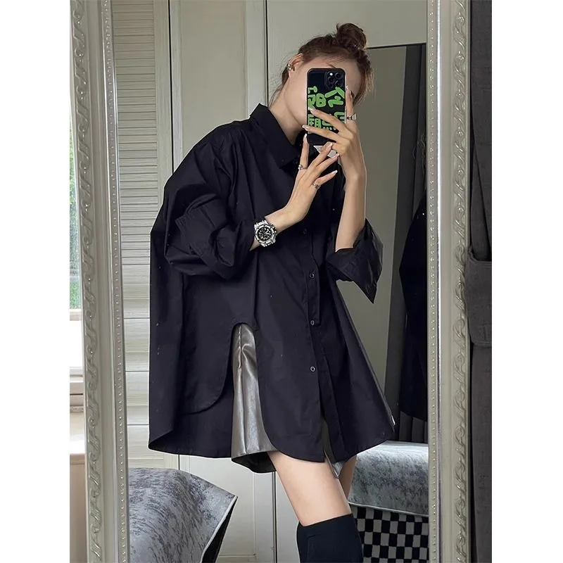 QWEEK Korean Style Office White Shirt Oversized Elegant and Youthful Streetwear Solid Colour Blouses Stylish Long Sleeve Clothes