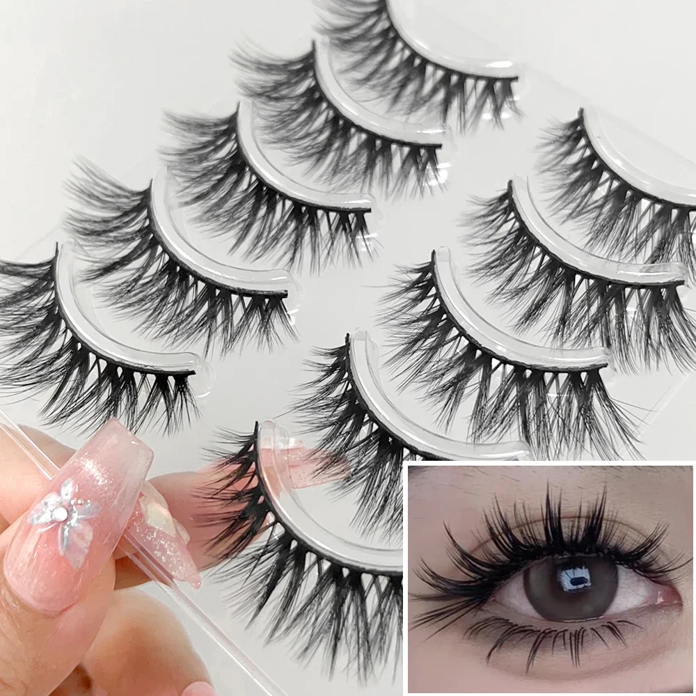 Macio Fofo Wispy Cílios Postiços, Coreano Natural Longo Cílios Tira Completa, Cílios Manga, Banda Clara, Maquiagem Extensão, 5 Pares