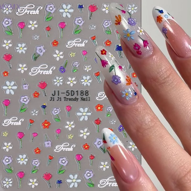 5D レリーフカラフルなワイルドフラワーネイルアートステッカーチューリップラベンダーコスモス花自己粘着ステッカー DIY マニキュアデカール