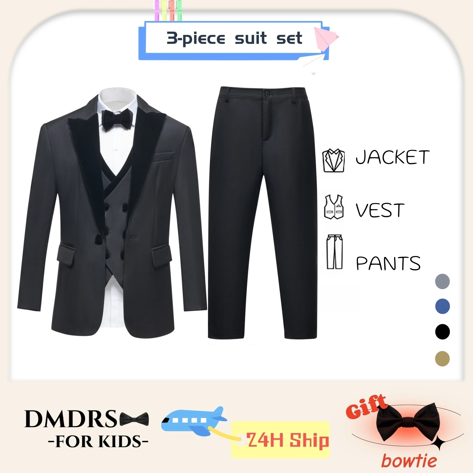 

Velvet Collar Blazer Vest Pants Bow-tie Tuxedo Pants, Children Wedding Suits 3-14 Years Four Pieces Boys Formal Suit Set