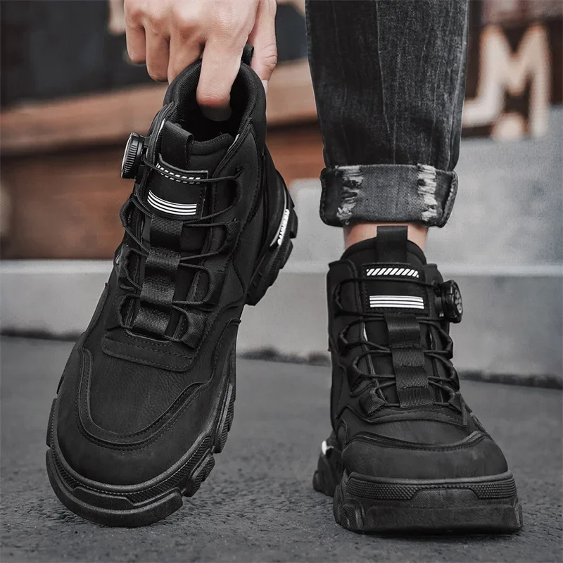 2025 Autumn and Winter New High Top Boots for Men, Rotating Button Casual Boots, Outdoor Anti Slip Thick Soled Sports Shoes