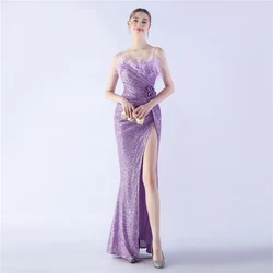 10 Colored Women's Evening Dresses 2024 Ostrich Feather Purple Dress Women Beautiful Wedding Guest Clothes Ready To Wear Chic