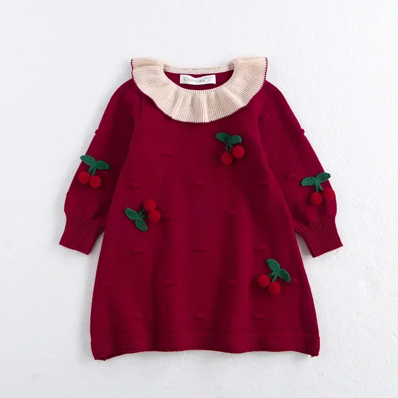 Kids Dresses for Girls Cute 3D Cherry Knitted Sweater Dress Toddler Girl Kawaii Doll Collar Princess Party Dress High Quality