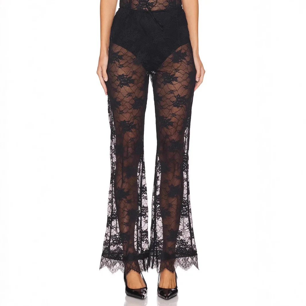 2025 Early Spring Cover Up Pants Mesh Horn Pants Sexy High Waist Perspective Lace Pants