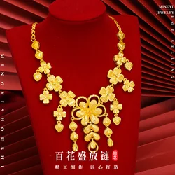 24K real gold 9999 yellow gold Women's Wedding Necklace Flower Necklace Wedding Set Chain Ethnic Style Vintage Hollow
