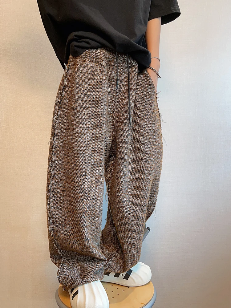 

Dannyandzee Men's Casual Pants Autumn Winter Vintage Loose Woolen Elastic Waist Frayed Knife-Shape Pants Straight Leg Trousers