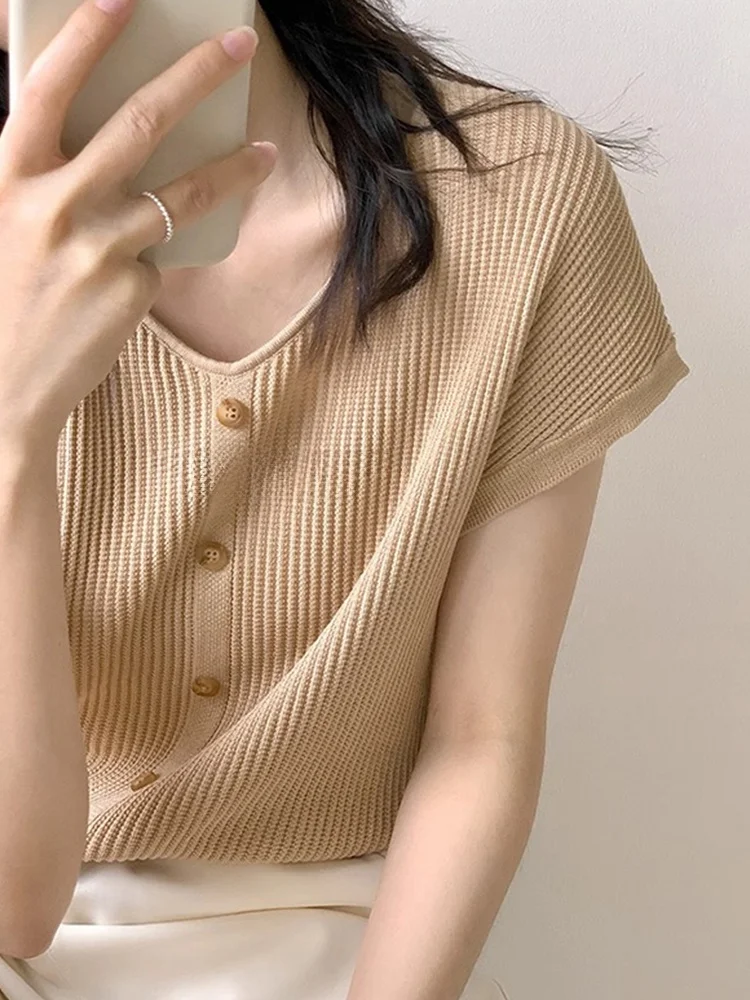 

Утягивающая трикотажная футболка из ледяного шелка ort Sve V-Ne, однотонный универсальный топ, корейский дизайн на пуговицах Faion для поездок на работу