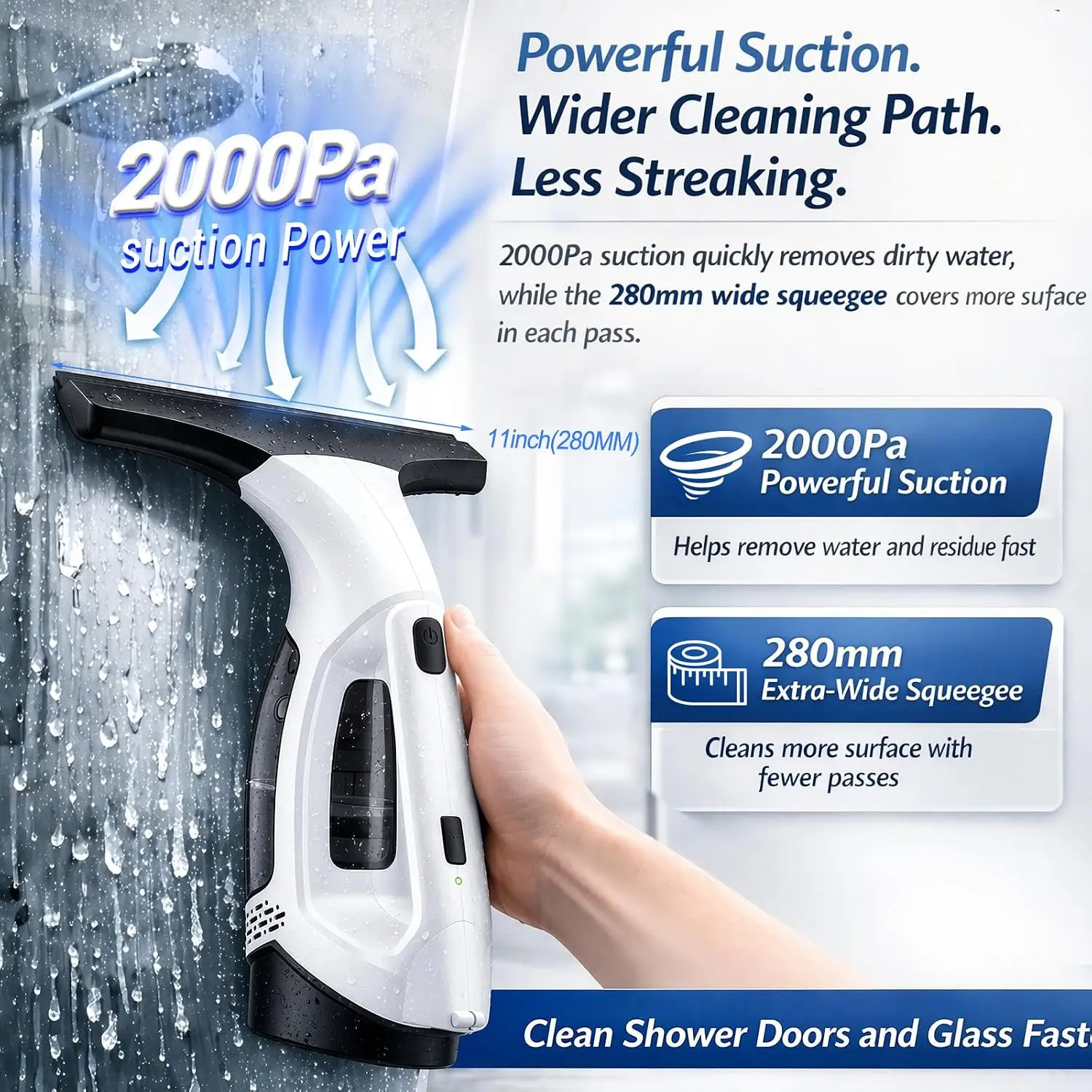 2026 New Upgrade Window Vacuum Squeegee Cordless Electric 2000Pa(White With Rod) | Electric Squeegee 11-inch Blade And 150mL Tan