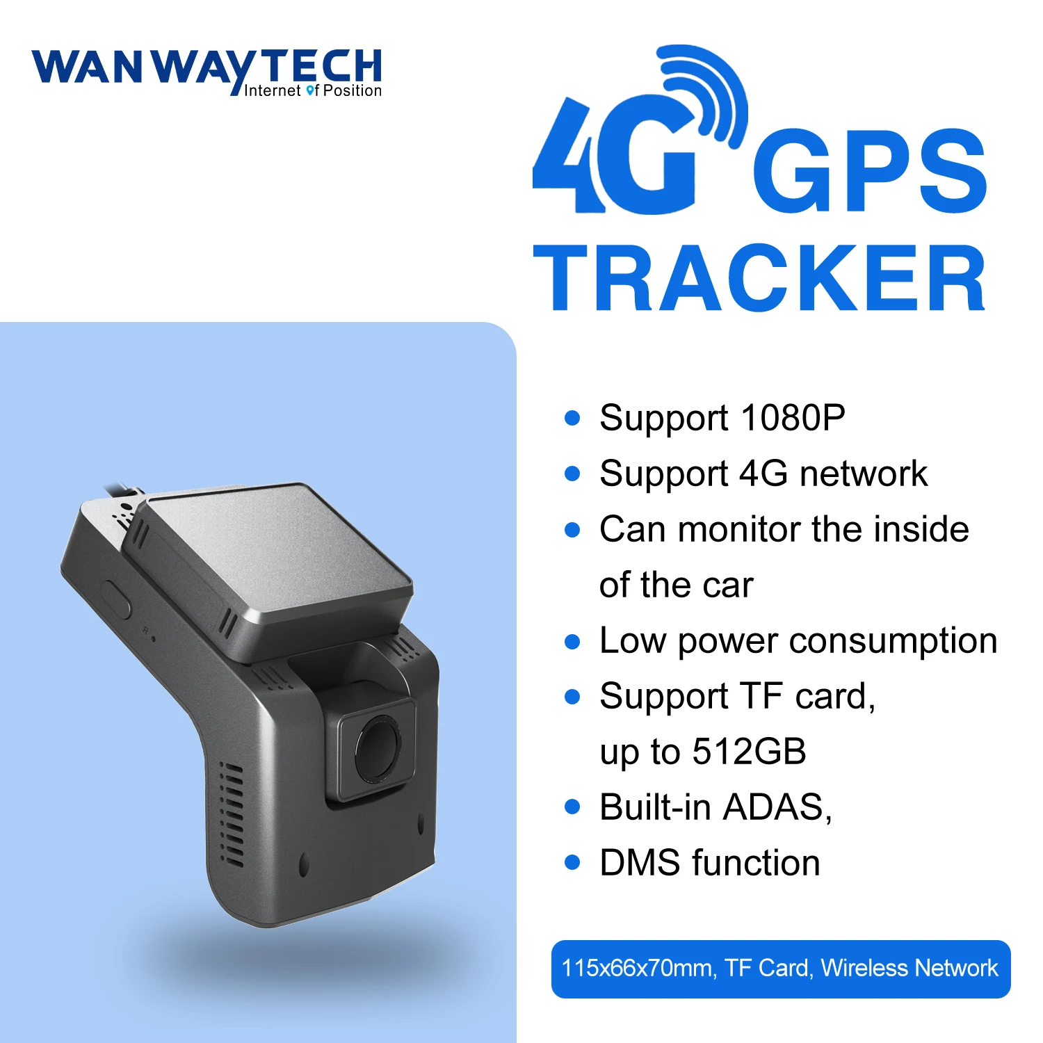 WanWay Dashcam WiFi سيارة مسجل فيديو 4G AI عدسة مزدوجة 1080P TFT 2 قنوات لايف فيديو GPS تتبع مراقبة 1 سنة الذكية ADAS
