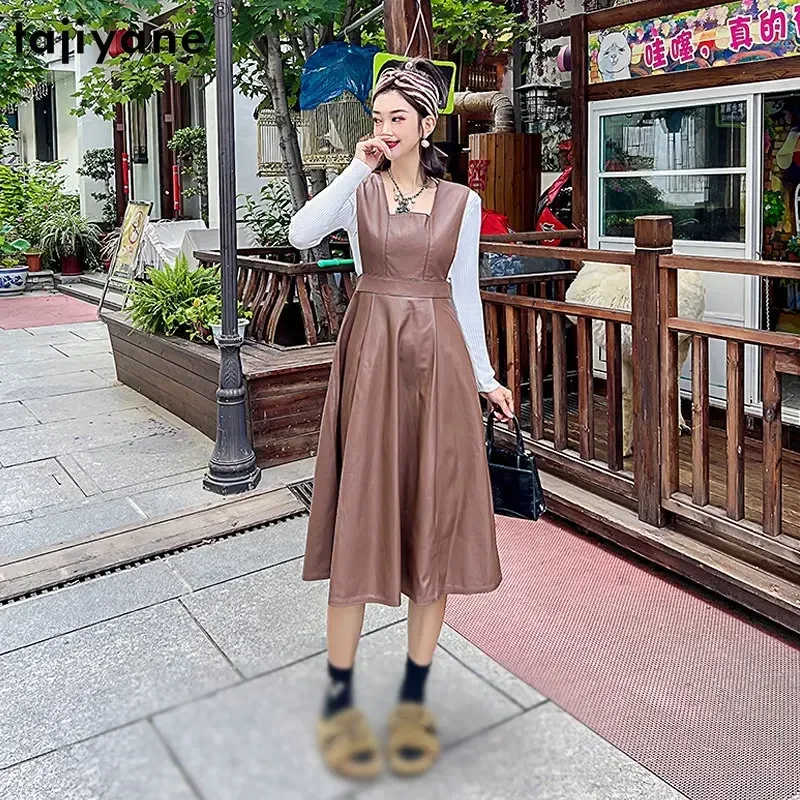 

Tajiyane Genuine Sheepskin Leather Dress Women Elegant Dresses for Women 2023 Vintage Pleated Dresses Korean Vestidos De Mujer