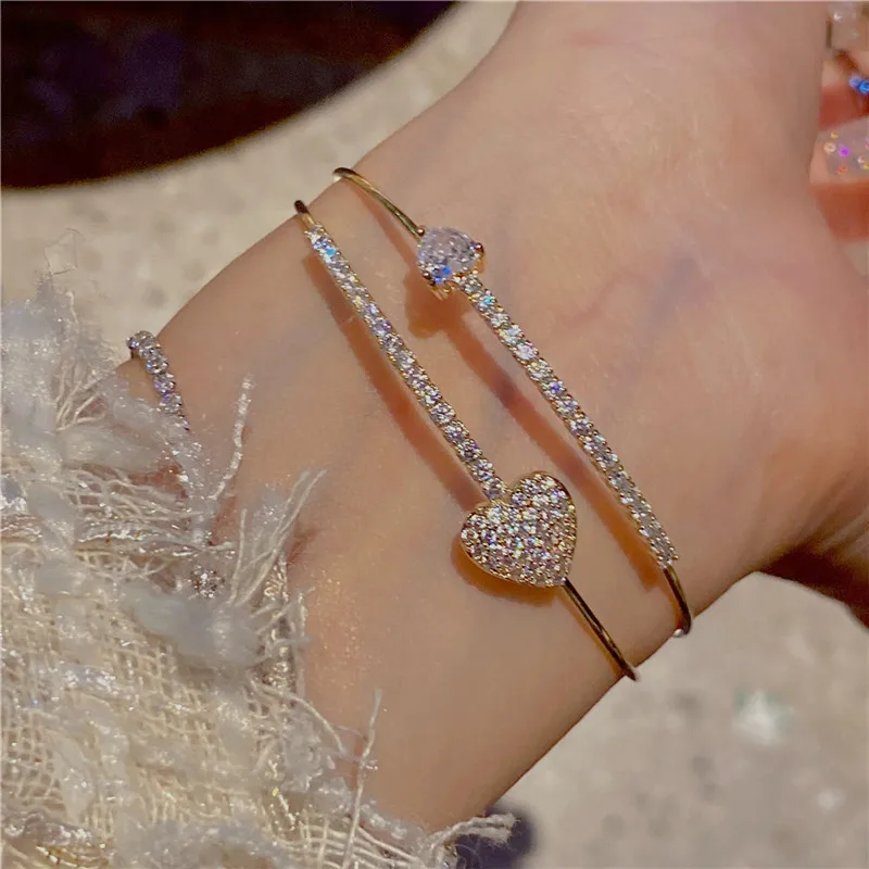 

CC Romantic Cuff Bracelet Women Accessories 14K Gold Plated Heart Shape Double Layer Adjustable Bangle Luxury Jewelry J1344