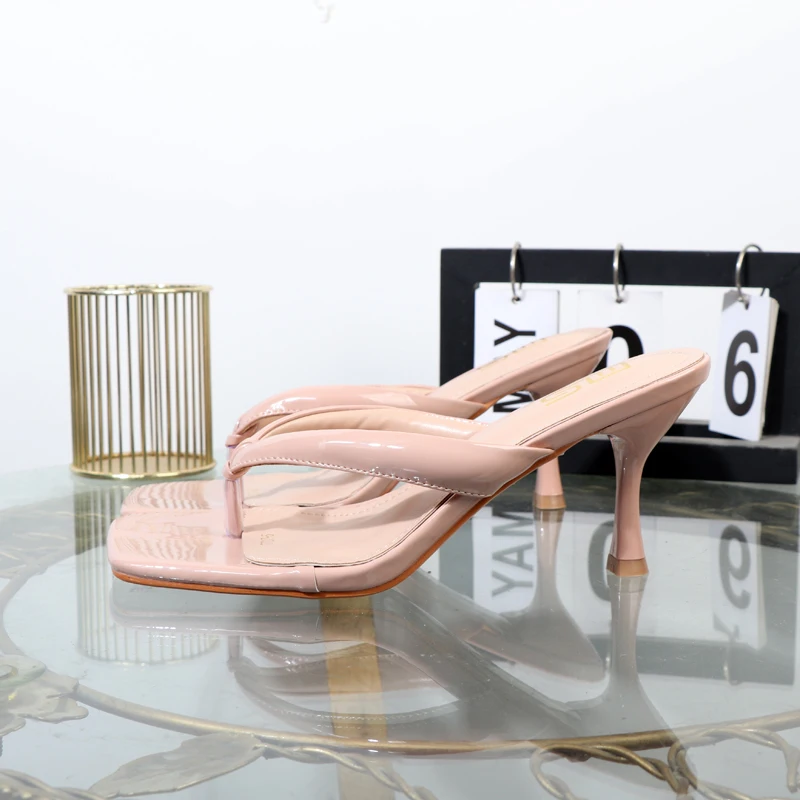High-heeled flip flops women\'s shoes in summer 2024 patent leather ladies sandals wild black slippers luxury high heeles