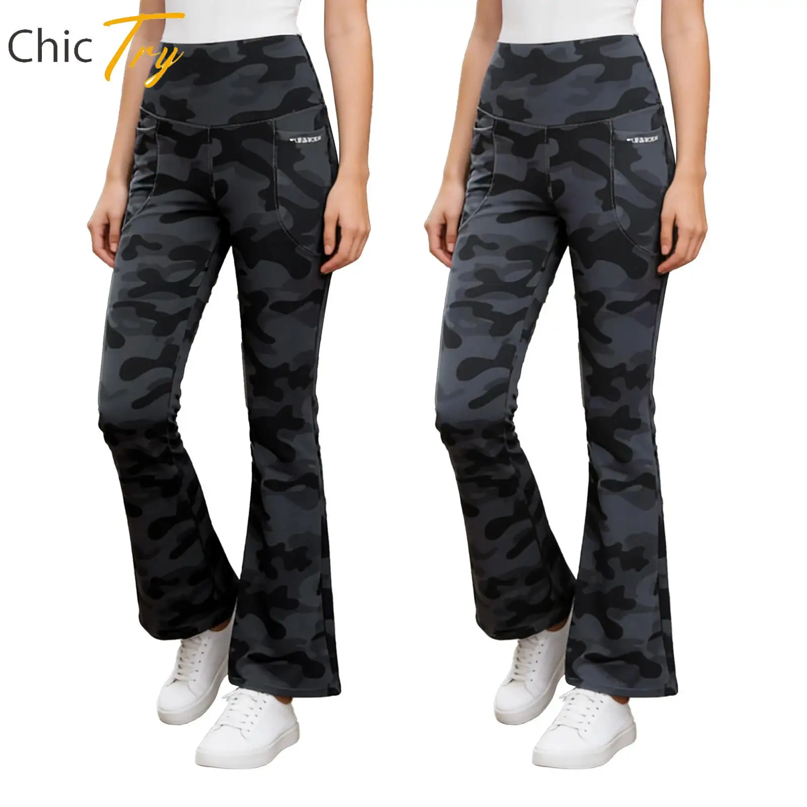 

Women's Stylish Street Wear Camouflage Print Flared Leggings High Waist Stretchy Bell-Bottom Pants for Yoga Gym Workout Sports