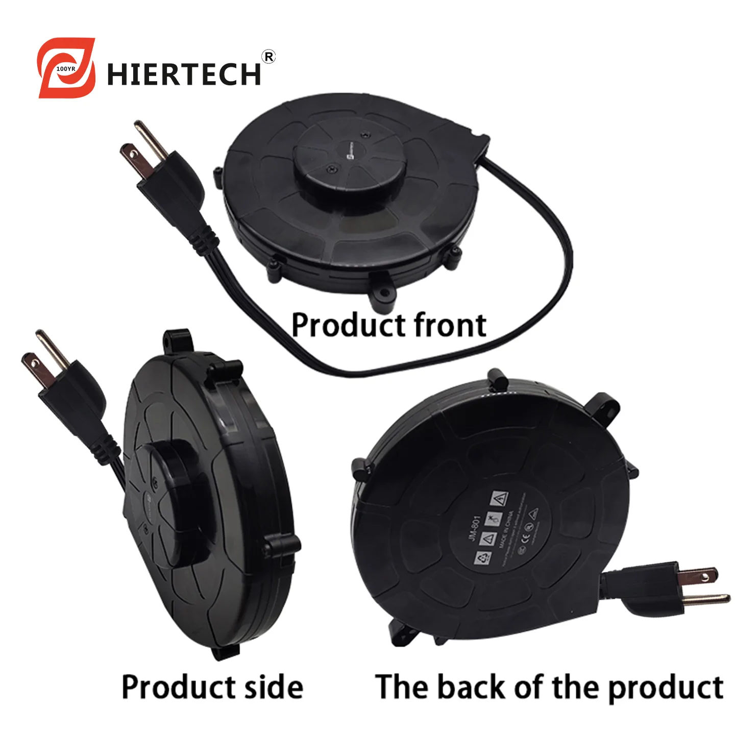 Hiertech Black 3-Core 3-Meter Us Standard Flat Wire Automatic Reel with Self-Lock Function-Customizable for Small Appliances