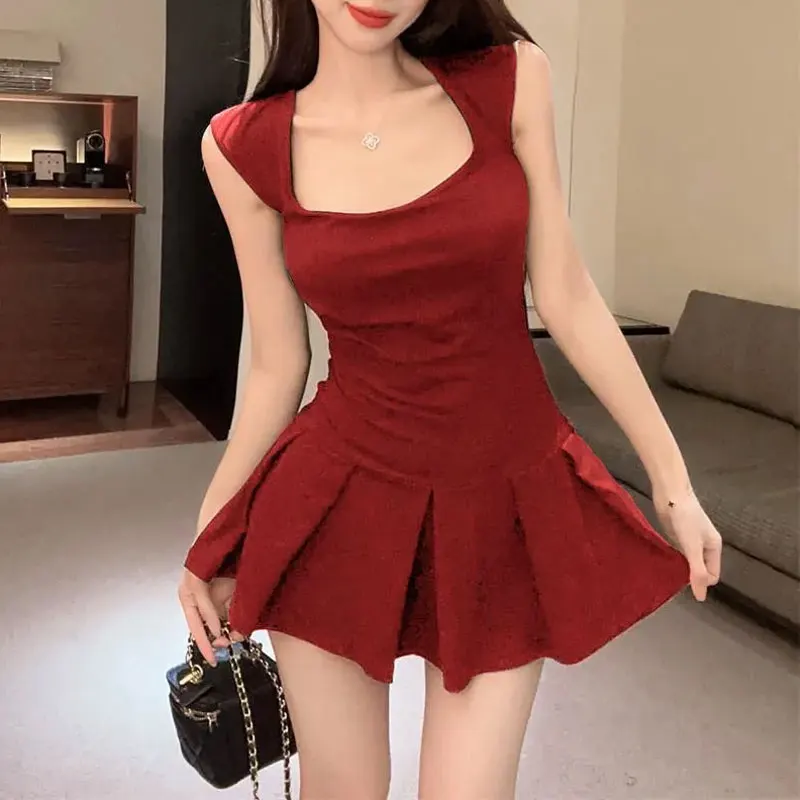 

Stylish Backless Bandage Retro Mini Dress Summer Waist Slim Women's Clothing American Elegant Square Collar Aura Pleated Dresses