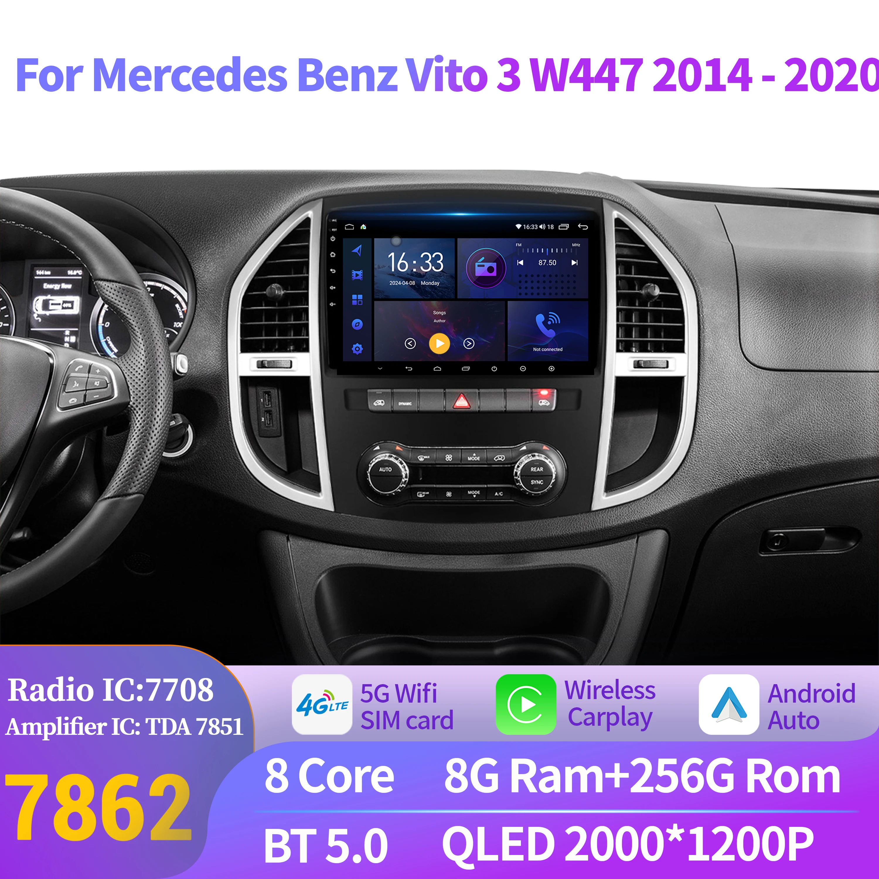 

Android 14 для Mercedes Benz Vito 3 W447 2014-2020 Беспроводной BT Carplay Автомобильный радиоприемник Мультимедийная навигация 8G 256G 2K QLED экран