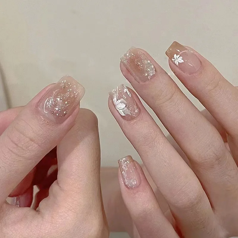 Imprensa destacável francesa em unhas postiças, brilho floral, unha acrílica falsa, dedo médio, dedo curto, outono, inverno, 24pcs