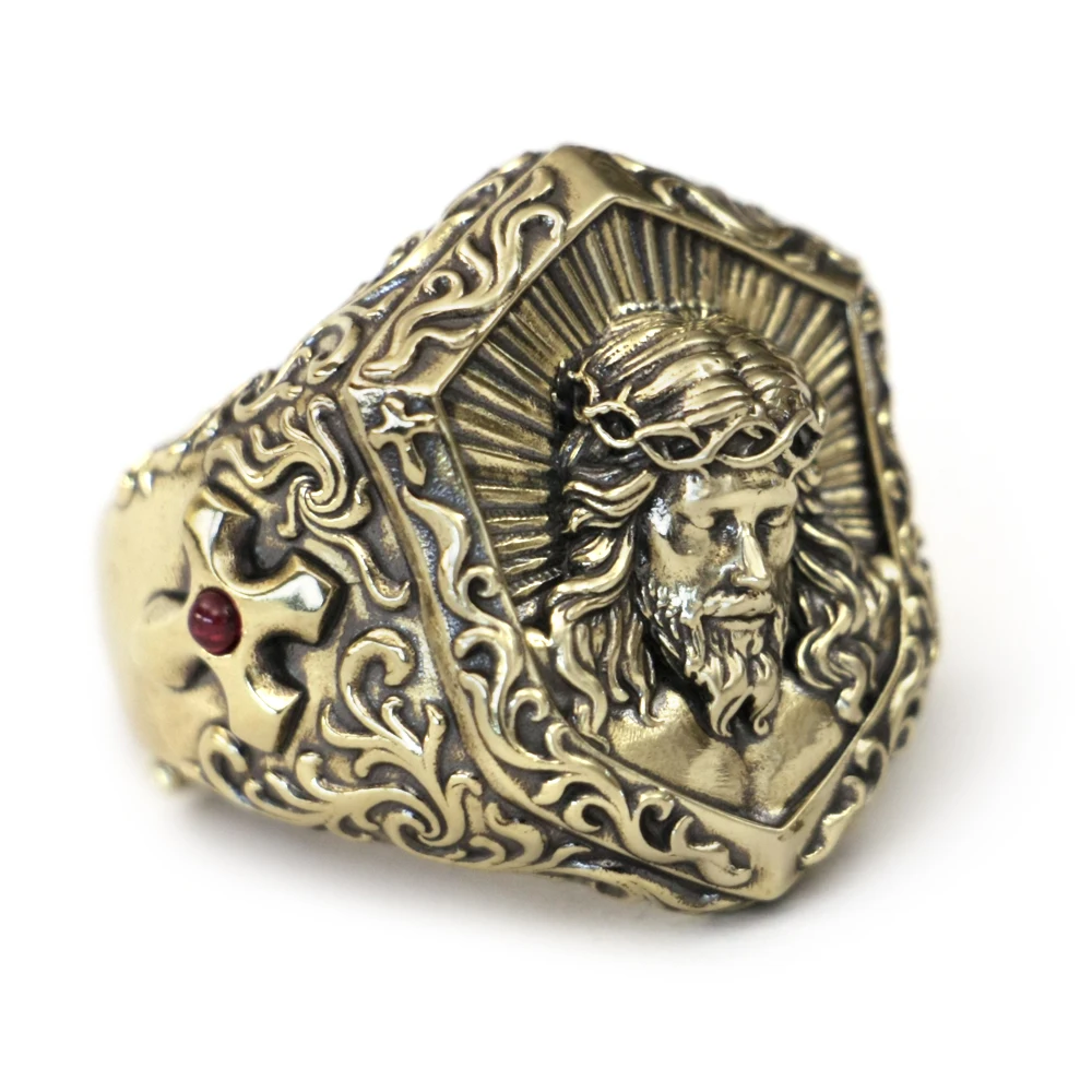 Brass Suffering Jesus Christ Punk Ring Cross Shield BR459 US Size 8~15