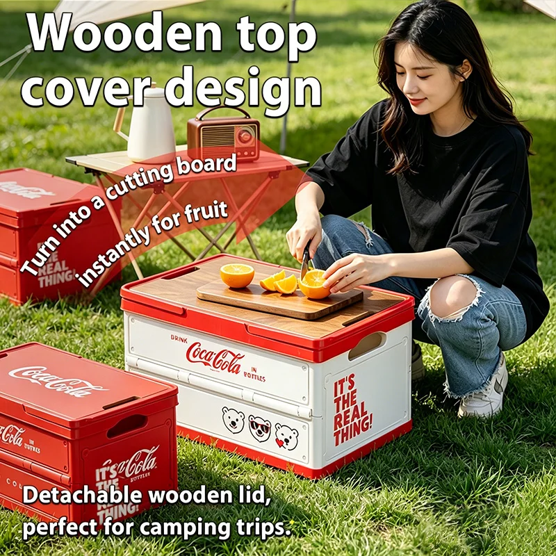 Coca Cola Foldable Storage Box Large Capacity Camping Storage Box with Wooden Lid Multifunctional for Car Trunk Ideal for Outdoo