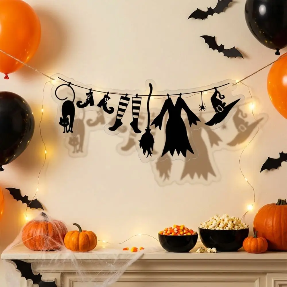Acrylic Halloween Witch Hat Wall Art Black Cat Spider Spooky Witch Cloak Hat Party Bunting Minimal Witch Broom
