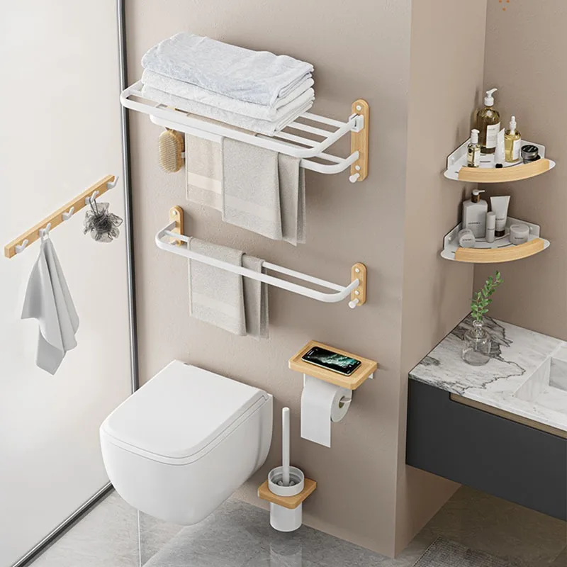 Wood bath Towel holder，Walnut towel rack no punch bathroom shelf toilet bathroom wall mounted washroom storage bath towel holder