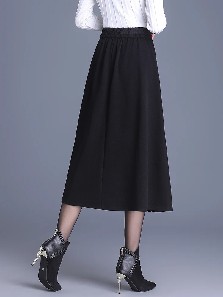 Newest Fall Winter Coffee Black Pleated Women's Skirt Stretch High Waist Fashion S M L XL XXL 3XL Size Mid-Calf Skirt