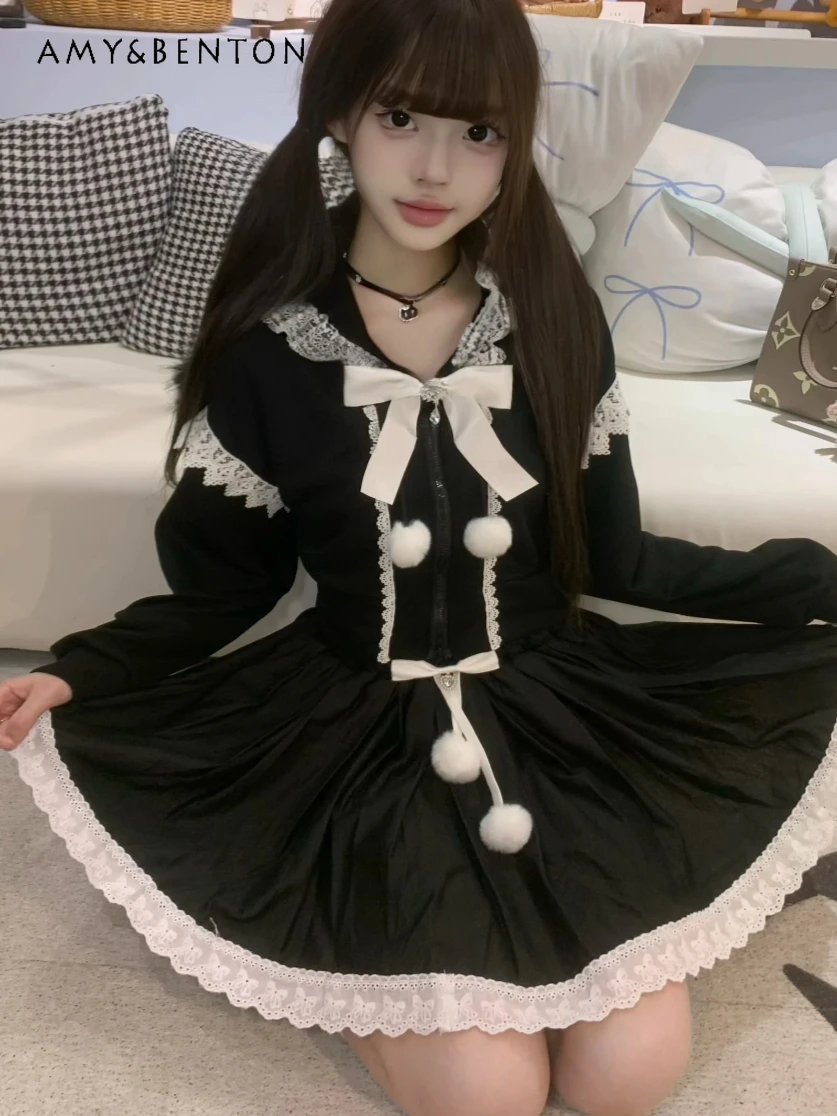 

Original Sweet Lolita Cute Bunny Ears Hooded Pom Pom Pendant Short Coat Elastic Waist Pleated Skirt Mass-Produced Girl Style Set