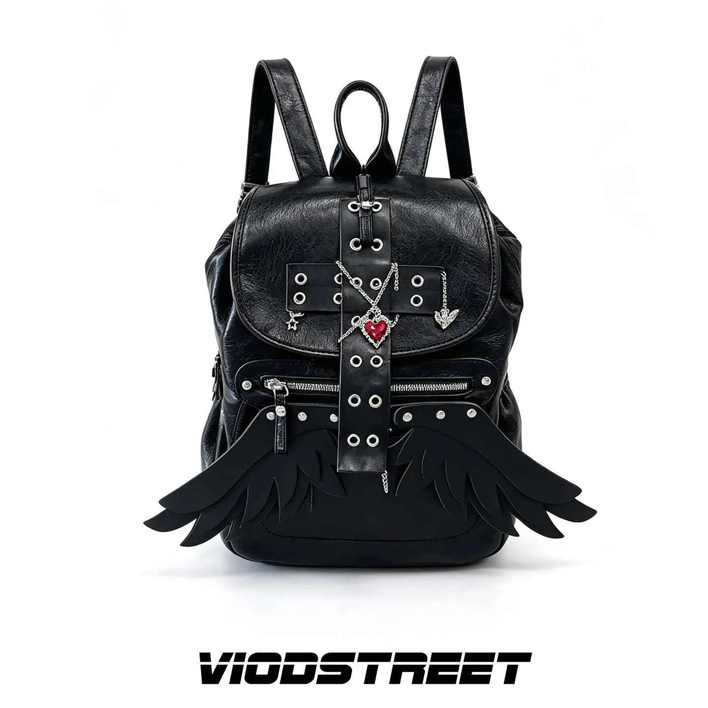 Black Cool Student Backpack Y2K Millennial Punk Wings Cross Backpack