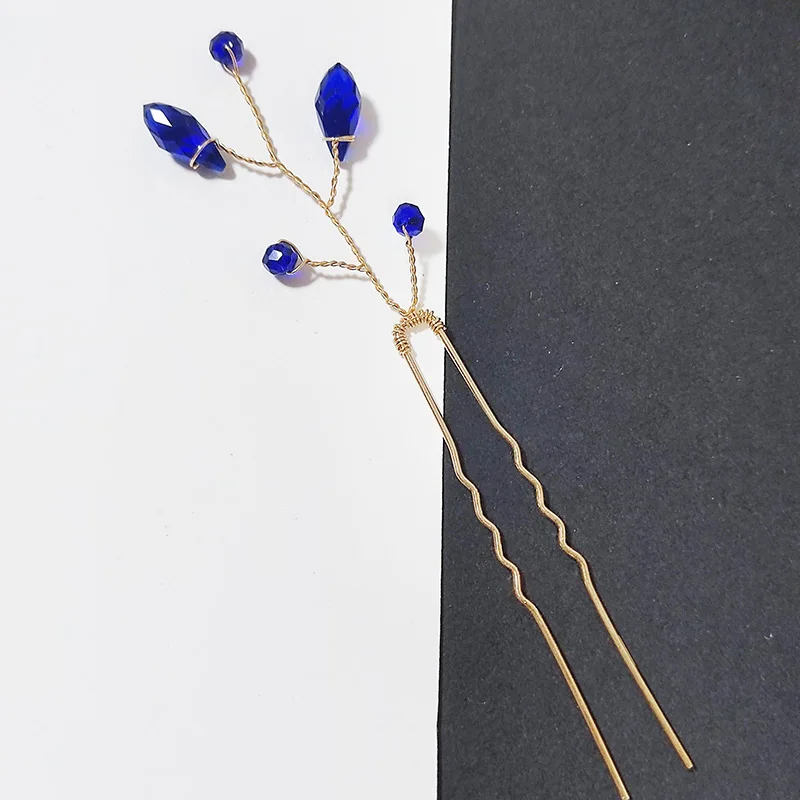 

Bridal Hairpins Blue Rhinestone Headpiece for Women Pearl Wedding Hair Accessories Jewelry Handmade Party Headdress Ornament