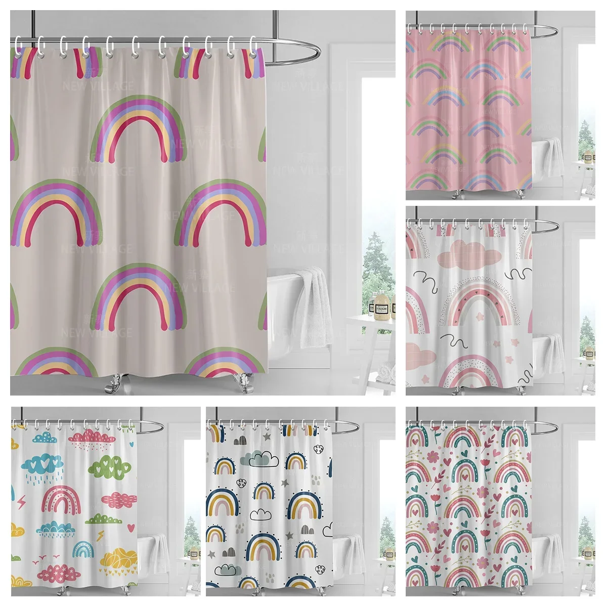 Home shower curtains bathroom waterproof fabric non-slip bathmat water absorption curtain Modern nordic rainbow cute