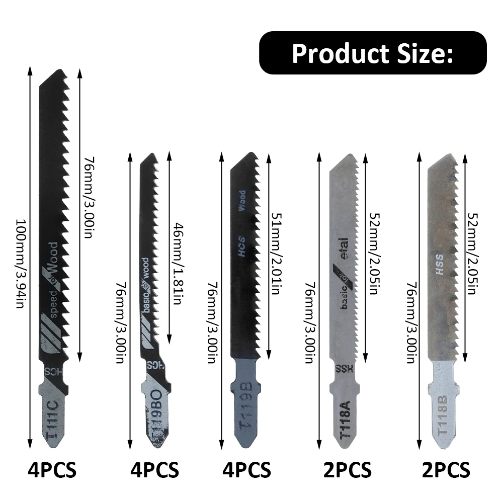 16PCS/Set T Shank Blades Jigsaw Blade Set Clean Fast Cut Down Cut Blades Wood Metal Cutting Power Tool HCS/HSS with Plastic Box