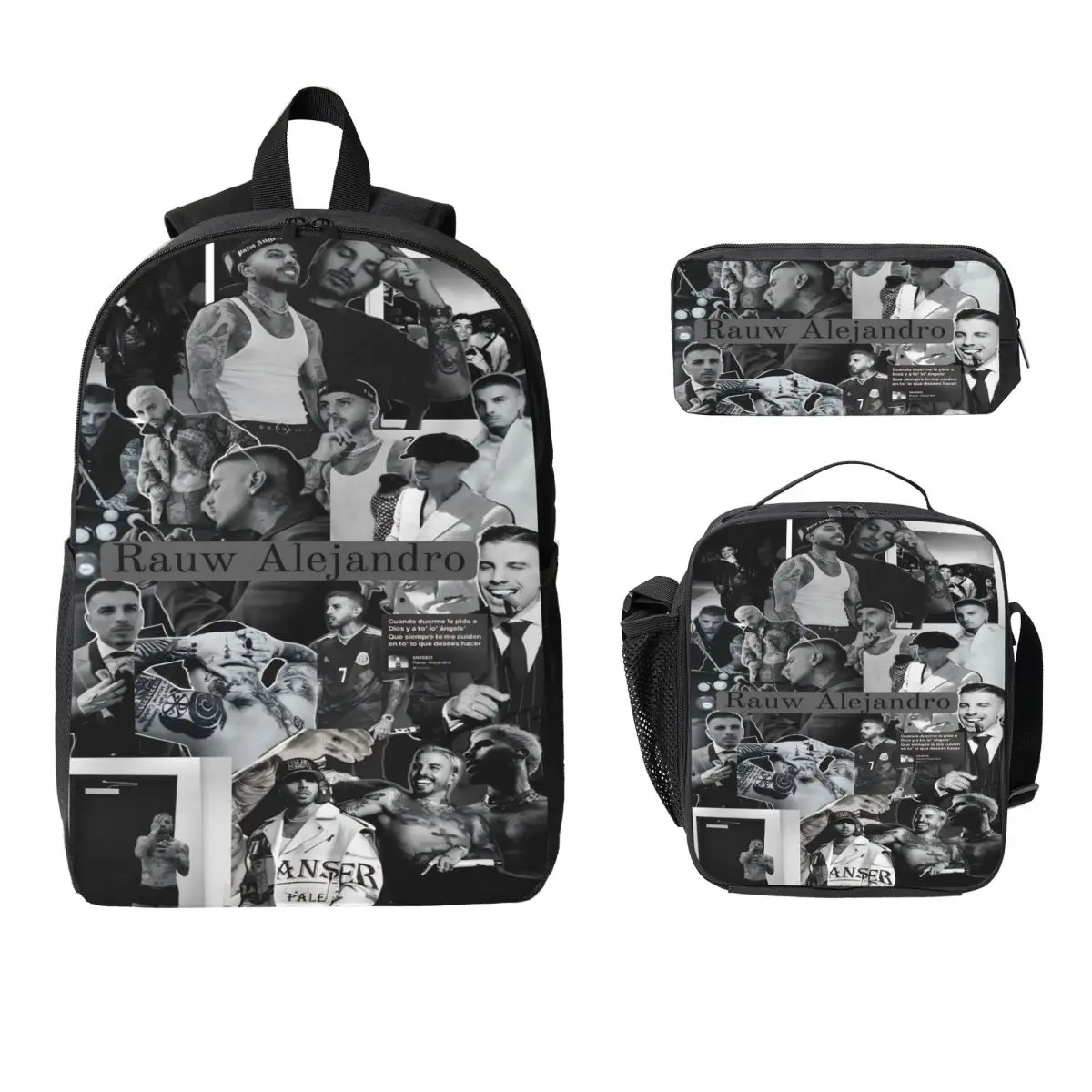3Pcs Rauw Alejandro Singer Rapper Backpack Set for Boy Girl Pencil Boxes Bookbag Sets with Lunch Box For School Students Daypack