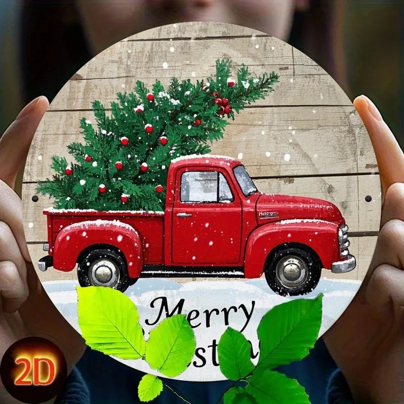 [2D شقة] 1 قطعة شاحنة حمراء عتيقة إكليل عيد الميلاد علامة معدنية-جولة 2D الحديد المسطح آرت ديكو ، عطلة احتفالية الجدار والباب شنقا f