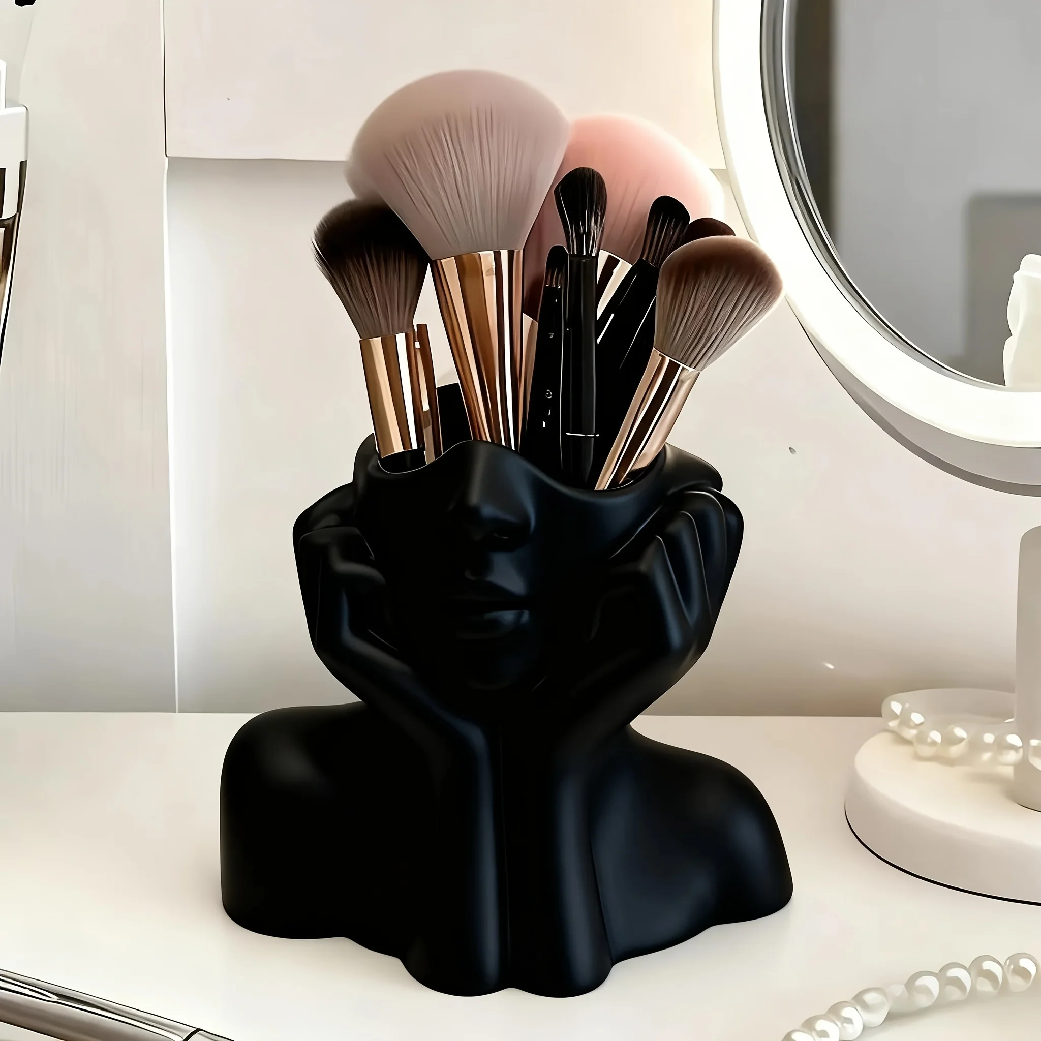 Cute Face-Shaped Makeup Brush Holder - Minimalist White Relaxing Pose, Artistic Desktop Organizer, No Assembly