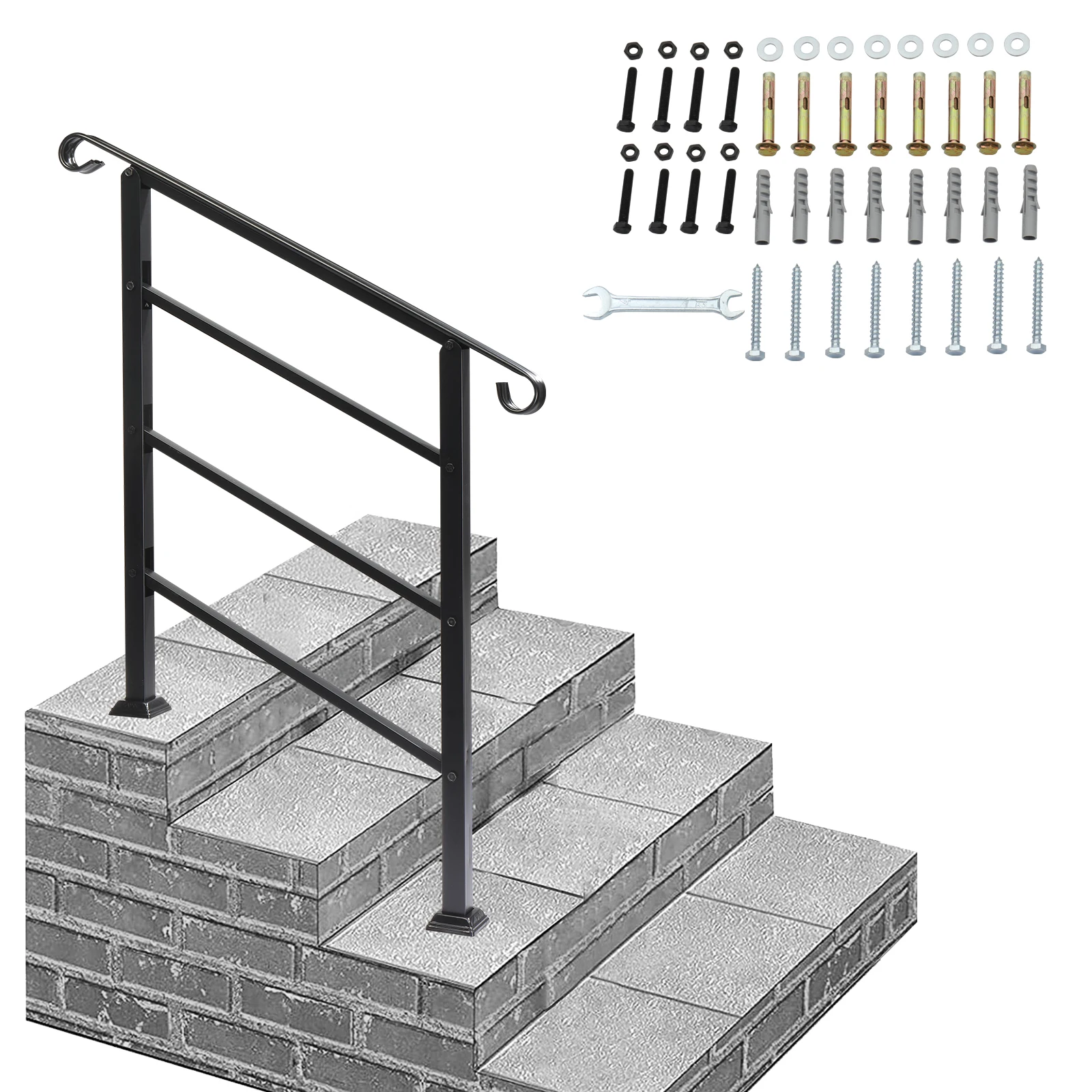 Handrails for Outdoor Steps, Wrought Iron Handrail Fits 1 or 3 Steps, Transitional Handrail with Installation Kit, Black