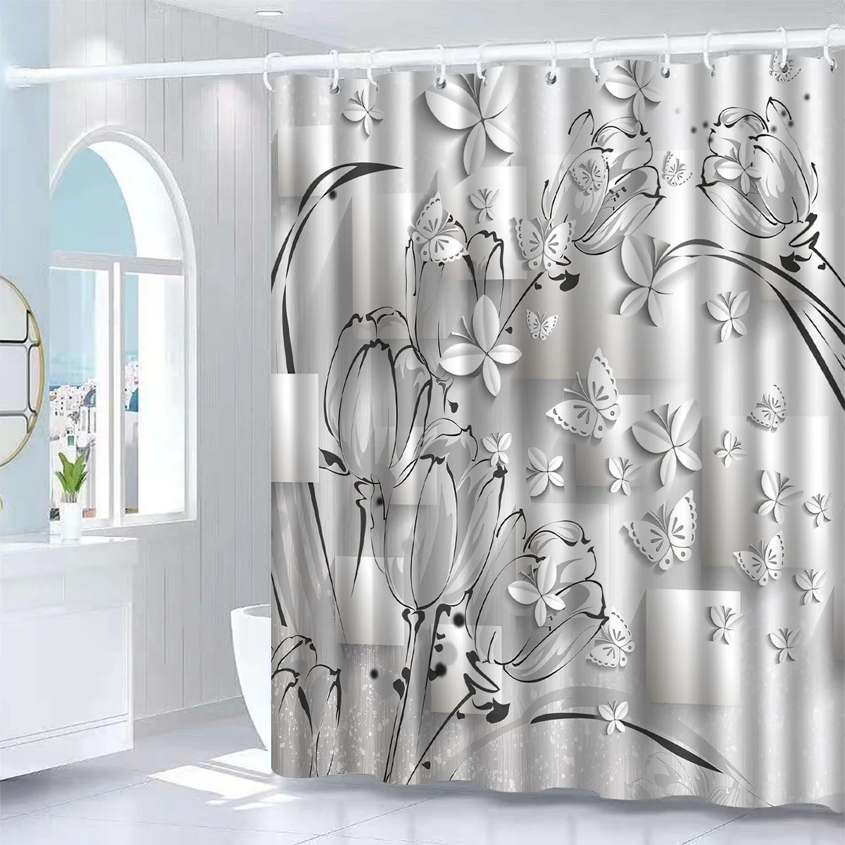 

Silver Gray Floral Shower Curtain With 3D Paper Flowers And Butterflies Modern Design Elegant Bathroom Decor Artistic Bath