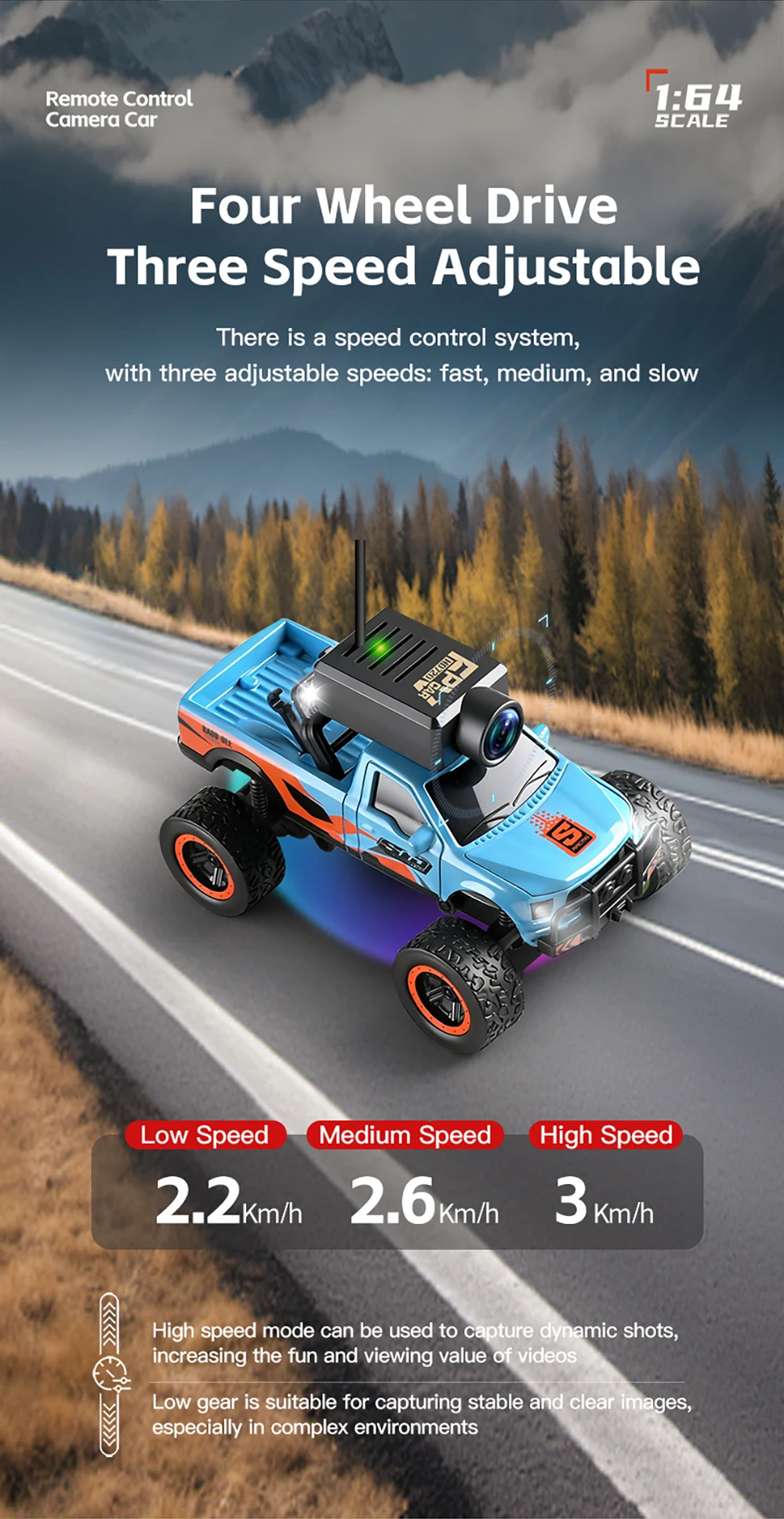 WLtoys 1/64 RC Cars 6407 caméra Monster Truck APP Transmission/contrôle lumières LED 3 vitesses avec affichage Compatible avec VRGlasses
