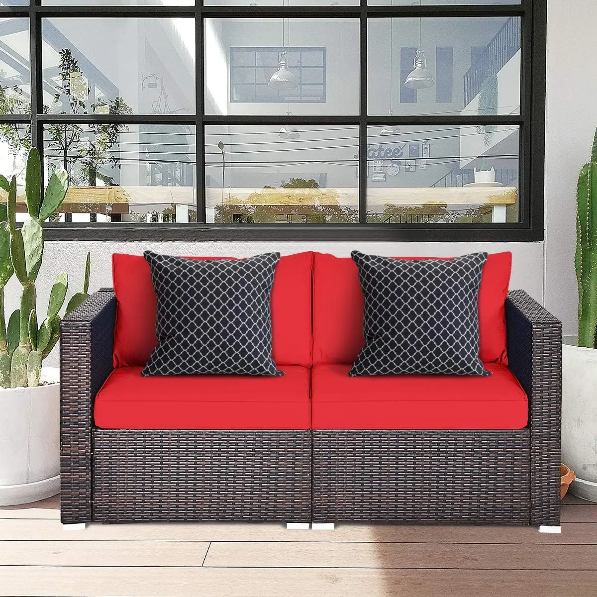 RELAX4LIFE 2-Piece Patio Rattan Loveseat - Sectional Corner Sofa Set w/Removable Cushions & Pillows, All Weather Furniture Set f