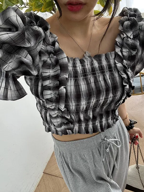 

Retro Square Collar Bubble Sleeve Shirt Women's Summer New Design Short Design Sense Plaid Pleated Korean Style Slim Fit Shirt